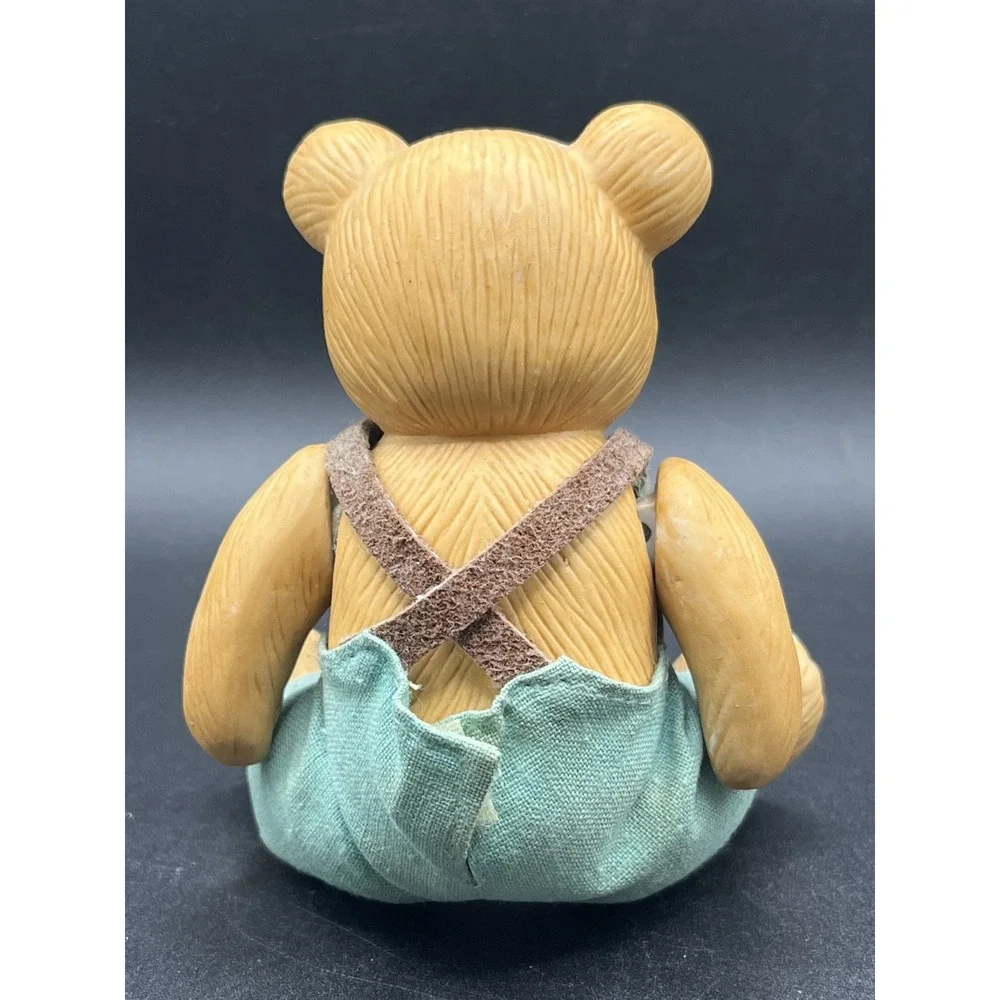 Homco Porcelain Jointed Teddy Bear‎ Boy w/ Fabric Overalls - Taiwan Vtg 3.5